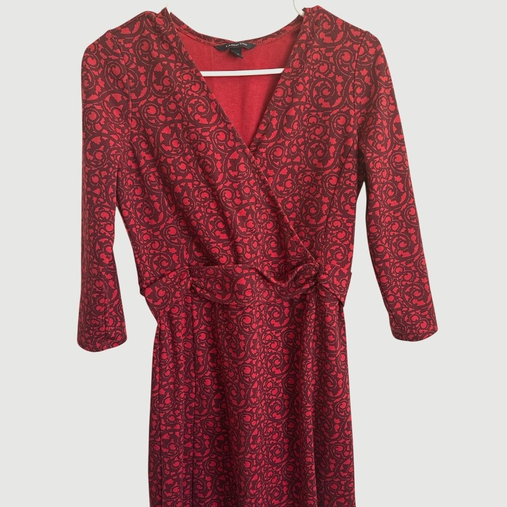 Lands' End Women's‎ Red Floral Print V-neck 3/4 Sleeve Knee Length Dress Size S